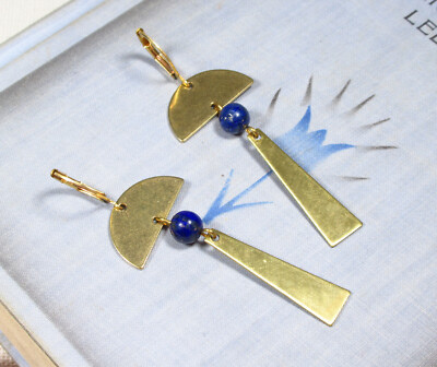 Ohrringe KLIO goldene Art Déco Ohrringe geometrisch handmade blau Ägypten (2052)