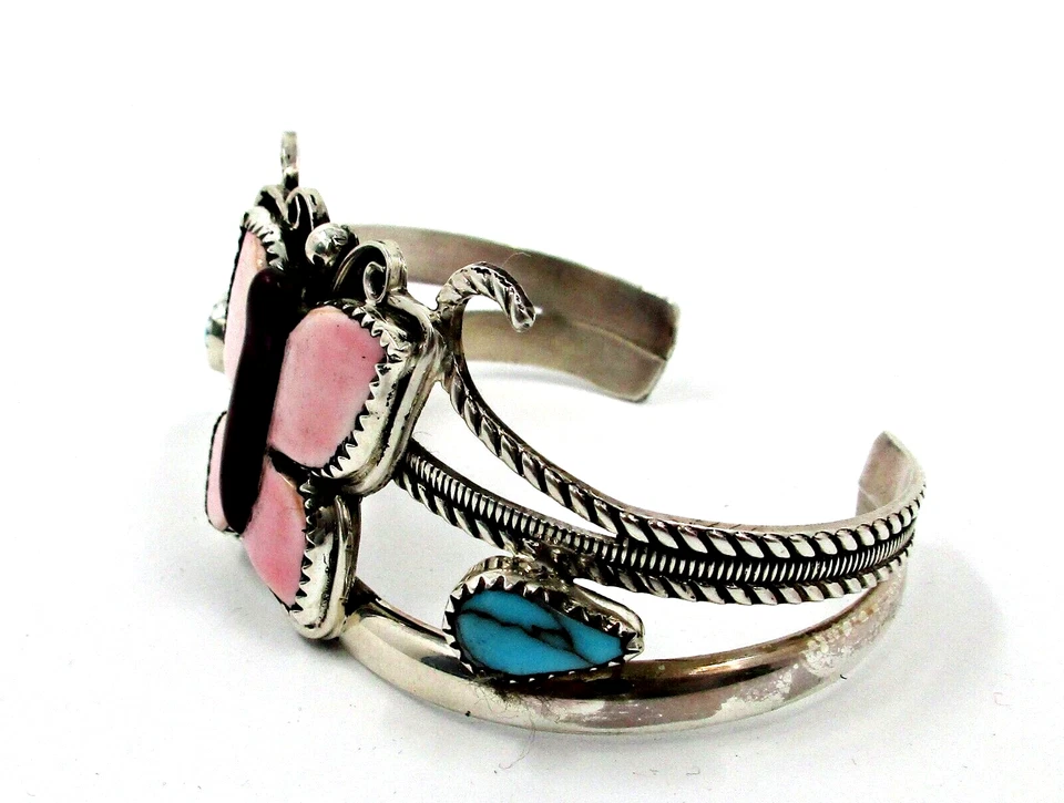 Francisco Gomez Sterling Bisbee Turquoise Butterfly Inlay Signed Cuff Bracelet - Image 4 of 4