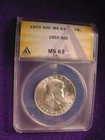 1955 FRANKLIN HALF DOLLAR SUPERIOR WHITE ANACS CERTIFIED MS--63 FBL COIN!  #40