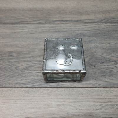 Cat Kitten Fish Silver Mirrored Trinket Glass Box Vintage Folk Decor Cute