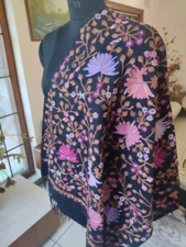 Black CREWEL EMBROIDERED SCARF KASHMIRI 100% CASHMERE PASHMINA SHAWL