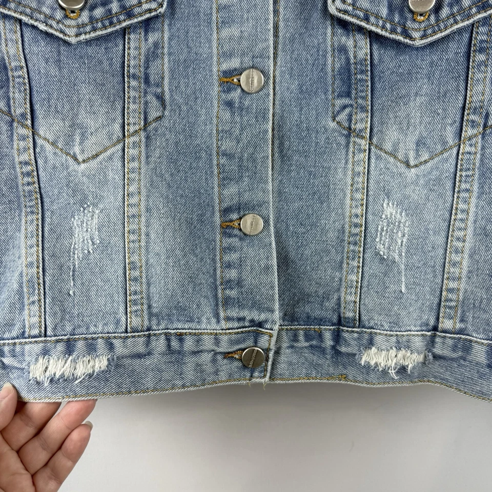 Chaqueta de mezclilla recortada para mujer talla pequeña diseñador Guilty Genius pintada bordada Foto 4 de 4