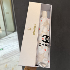 CHANEL Compact Folding Umbrella Floral Logo Beige White Black Pink