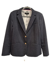 Talbots Women s Aberdeen Knit Blazer Gold Button Heathered Gray Blue size 14
