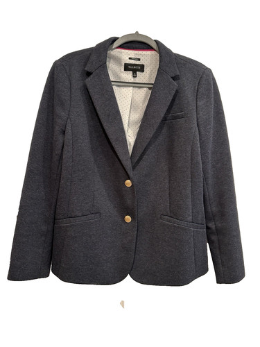 Talbots Women’s Aberdeen Knit Blazer Gold Button Heathered Gray Blue size 14
