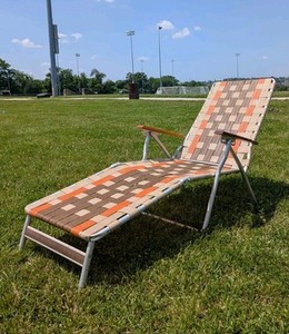 Vintage Telescope Aluminum Webbed Folding Chaise Lounge Chair w/Wooden Arms