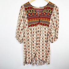 Umgee Mini Dress Free Spirit Cream red Balloon Sleeve Tunic Boho Retro Women S