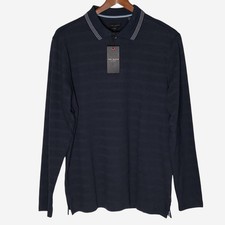 NEW Ted Baker Popcorn Stripe Long Sleeve Polo Mens Size M Sky Captain Navy Blue