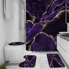 4 Pcs Purple Marble Shower Curtain Sets, Gold Cracked Lines Black Bathroom De...