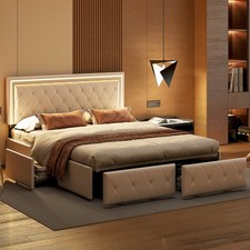 140x200 LED Polsterbett Doppelbett aus Kunstleder Bettrahmen mit 4 Schubladen