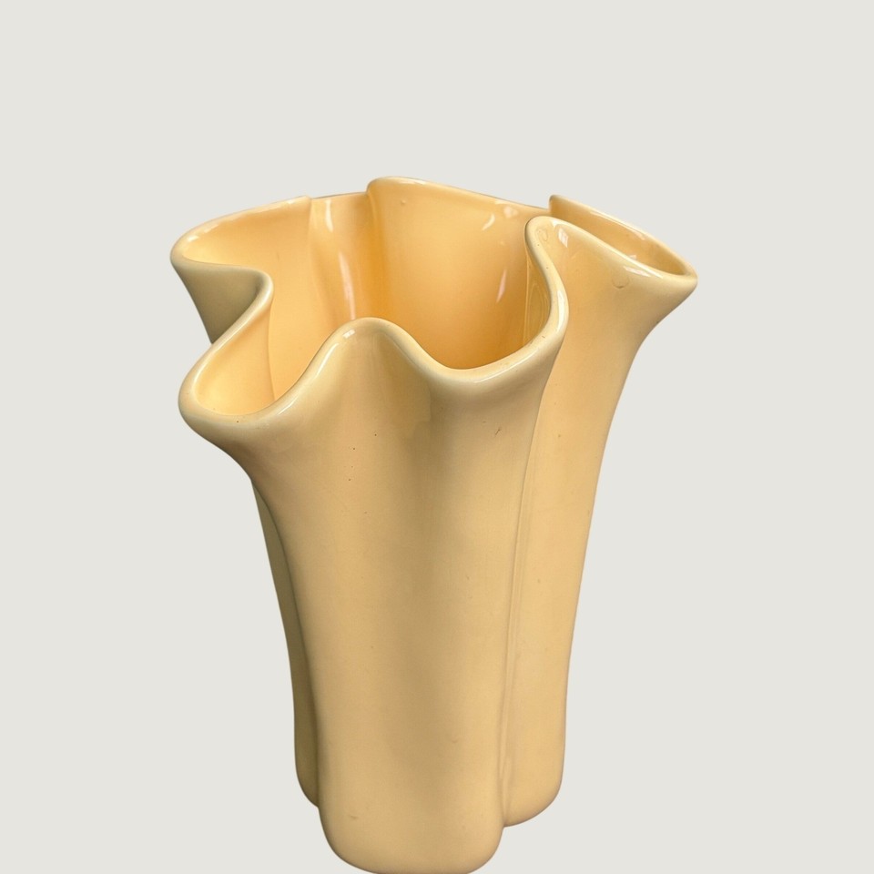 Vintage Mid Century Modern Yellow Ceramic Handkerchief Ruffle Vase MCM Pottery