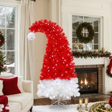 6FT Artificial Christmas Tree with LED Light Santa Hat Shape Curved Xmas