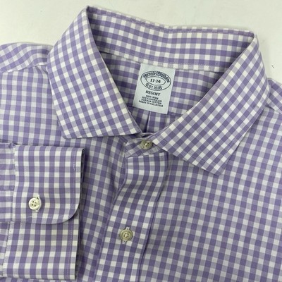 Brooks Brothers Dress Shirt Mens 17-34 Purple Gingham Regent Non-Iron Cotton