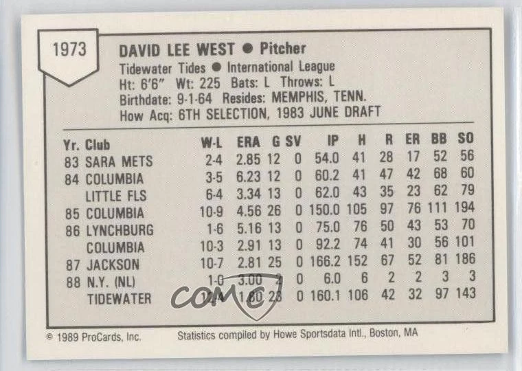 1989 ProCards Minor League Team Sets David West Dave West #1973 Rookie RC - Image 2 of 2