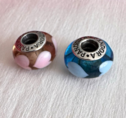 Set of 2 PANDORA 925 Sterling Silver Murano Glass Heart Bead Charms Blue Pink