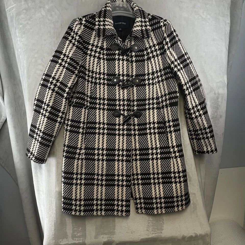 Abrigo Lands End para mujer 16 negro blanco pata de gallo palanca mezcla de lana lona V3635 Foto 2 de 4