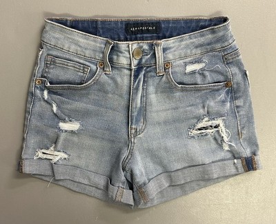 Aeropostale Flex Effects High Waisted Midi Distressed Blue Denim Jean Size 4