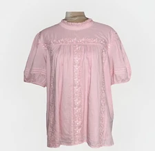 Crew Clothing Company Cotton Blouse Pink Embroidered Flowers Short Sleeve Sz 14