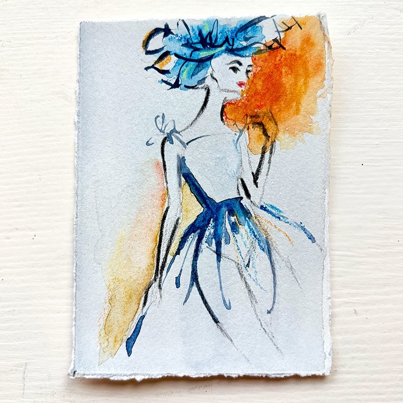 ACEO Original Flower Crown Floral Blue Dress Fashion Drawing Sketch Braithwaite