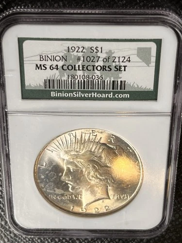 1922 BINION COLLECTORS SET PEACE SILVER DOLLAR NGC MS64 #1064