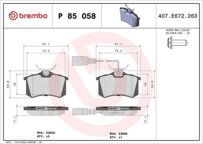 Brake Pad Set, Disc Brake BREMBO P85058 (1 Set - 4 Pieces)