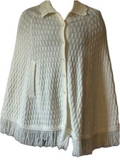 VTG 70 s White Knit Poncho W/ Fringe Arm Holes Hippie Boho Granny core S