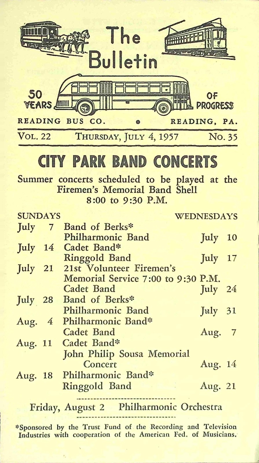 Vintage 1957 Reading Bus Company Bulletin City Park Band Concerts Schedule Flyer