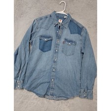 Levis Mens Shirt Medium Denim Western Pearl Snap Long Sleeve Cotton Denim Rodeo