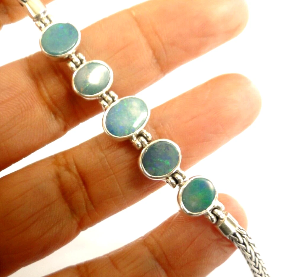 Blue Australian Opal Five Stone 925 Sterling Silver Bracelet - Imagem 2 de 4