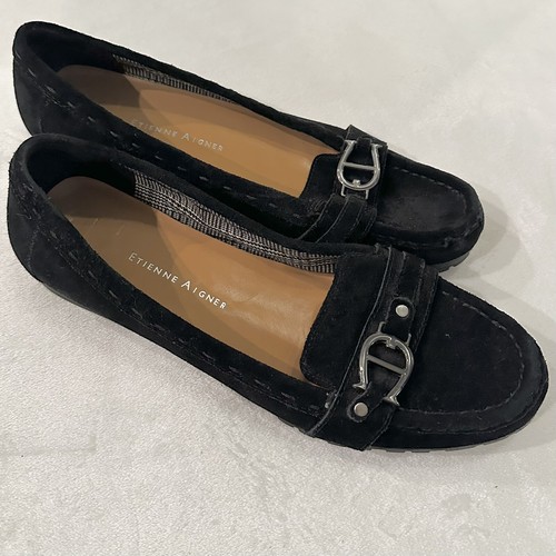 Etienne Aigner Black Suede Slip On Buckle Moccasins Loafers Flats Womens 9.5