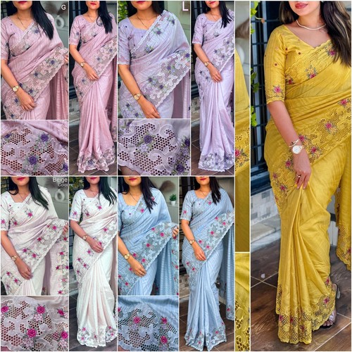 Festive wear embroidered saree Indian ethnic wear cotton saree blouse for women