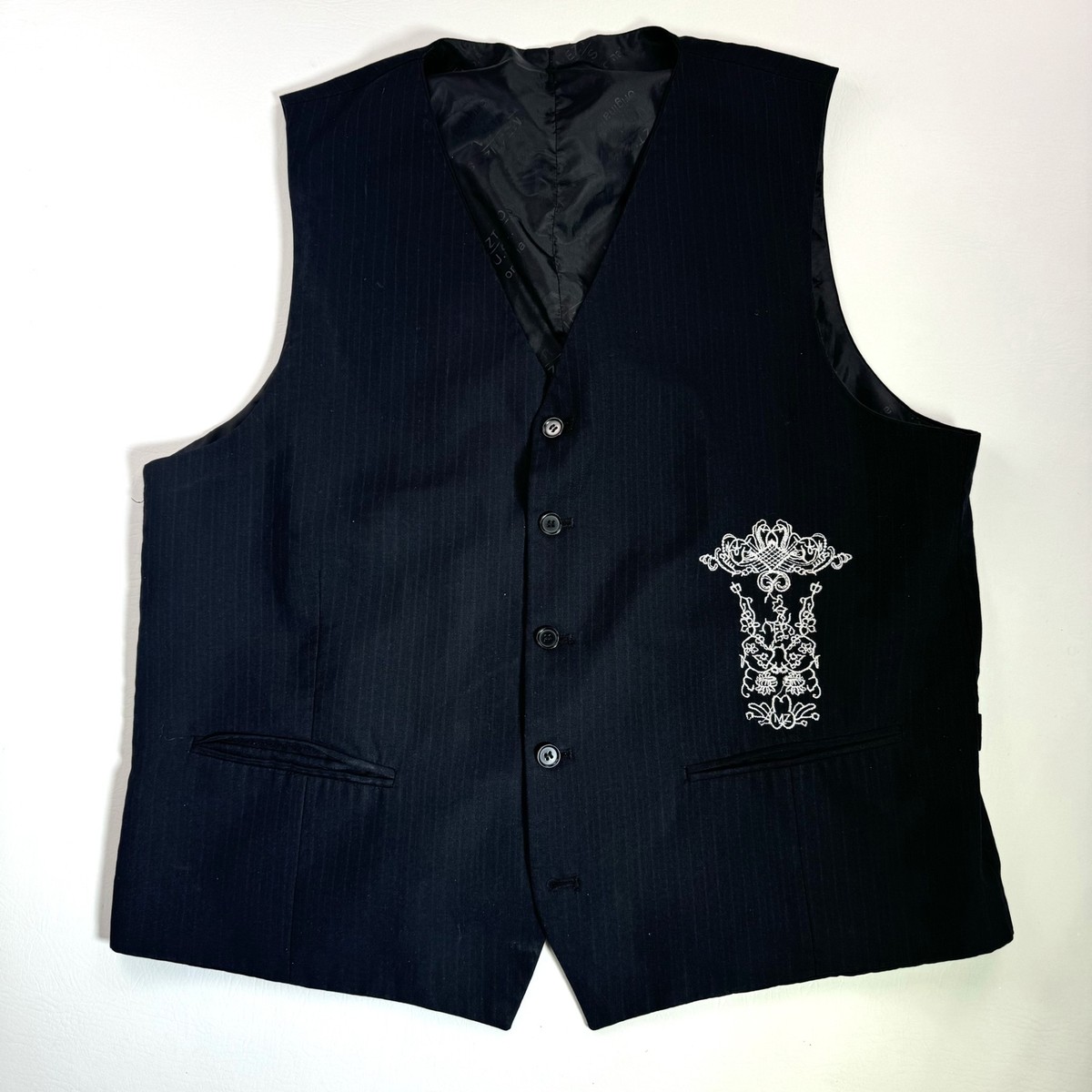 Meztizos Vest Men's XL Black Pinstripe Embroidered V-Neck Front
