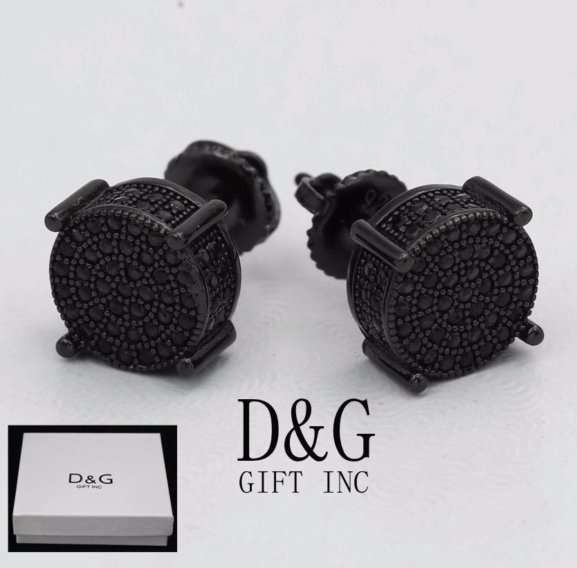DG Men's 7mm Sterling-Silver 925.Black Cubic Zirconia Round Earring*Unisex.Box
