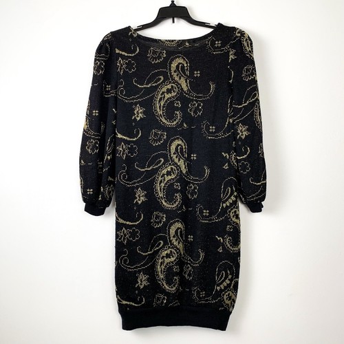 70s/80s metallic paisley sweater dress by Goody black & gold knit vintage medium - Picture 2 of 5