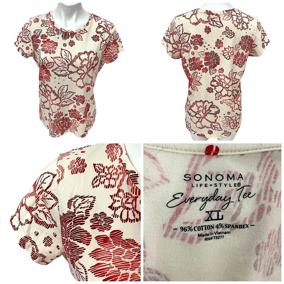 Sonoma Top Womens XL Lot Casual Tee Cream Red Floral Short Sleeve Work Office - Image 3 of 4