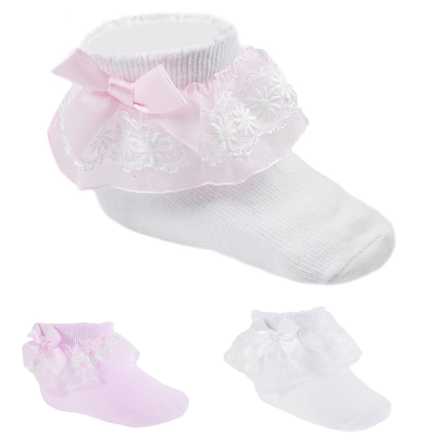 Baby Girl Gypsy Frilly Socks With Bow And Lace Flowers In White And Pink Ebay baby girl gypsy frilly socks with bow