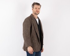 90s Vintage Harris Tweed Men's Blazer Jacket in Brown Scottish Wool Size Large