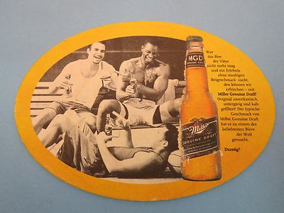 Beer Coaster: Miller Genuine Draft = MGD ~ It's Miller Time! ~ German Version
