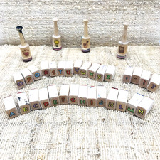 34 Wood Rubber Stamp Lot Mini Alphabet Teacher Punctuation