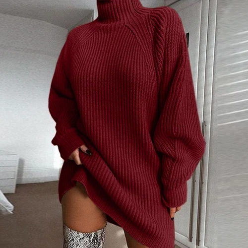 Elegant Women Turtleneck Oversized Knitted Dress Long Sleeve Mini Sweater Dress - Picture 5 of 19