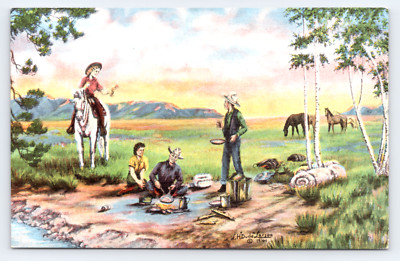 c1941 'The Lure of the West' Cowboy Camp Scene Postcard L H ''Dude'' Larsen Artist