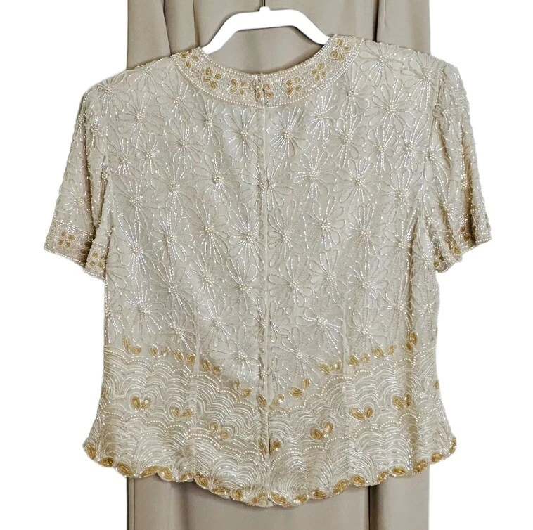 De Colección Adrianna Papell Conjunto de Seda Top Maxi Falda Beige Cuentas Flores Imitación Perlas 12P Foto 3 de 4