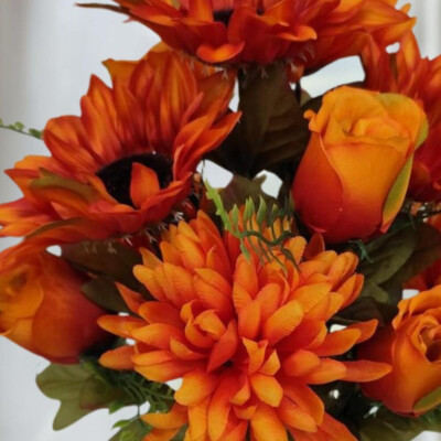 16'' Orange Artificial Mixed Mum, Sunflower & Rose Floral Bush