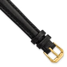 12mm 7.5" Black Long Smooth Leather Gold-tone Buckle Watch Band