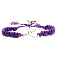 Women Fashion Adjustable Purple Macrame Bracelet w/ Pretty Heart Charm Boho 