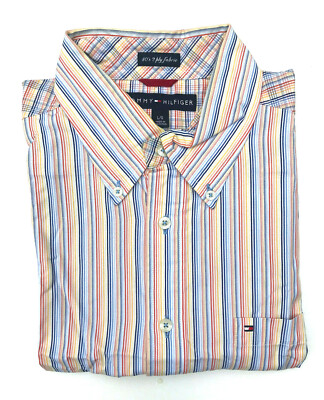 Tommy Hilfiger Shirt NEW Regular Fit S/S Multi Stripe 80's 2 Ply Fabric Size L