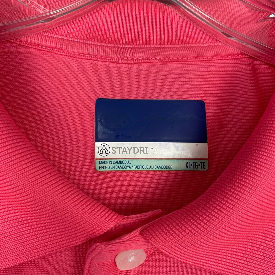Jack Nicklaus Polo Golf Shirt Hot Pink StayDri XL Striped Gold Bear - Image 4 of 4