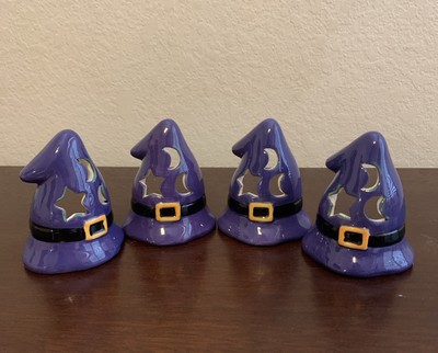 Four Hand Painted Purple Sorcerer s Hat T-light Candle Holders, NWOT