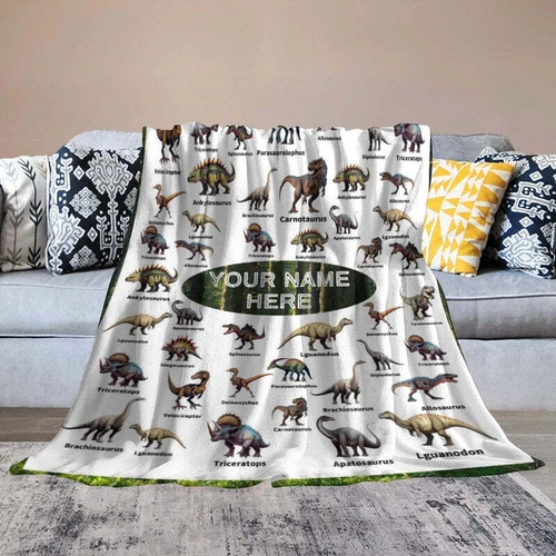 Personalized Dinosaur Blanket Sherpa Throw Custom Name Text Boy Christmas Gifts - Picture 8 of 10