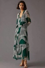 Anthropologie The Marais Printed Chiffon Maxi Dress XL 1X  Green Black Abstract 